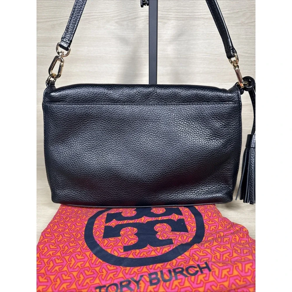 Tory‎ Burch Thea Black Leather Fold Over Purse Crossbody Bag Tassels Adjustable